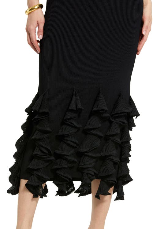 Mac Duggal Rib Knit Sleeveless Ruffle Hem Midi Dress In Black
