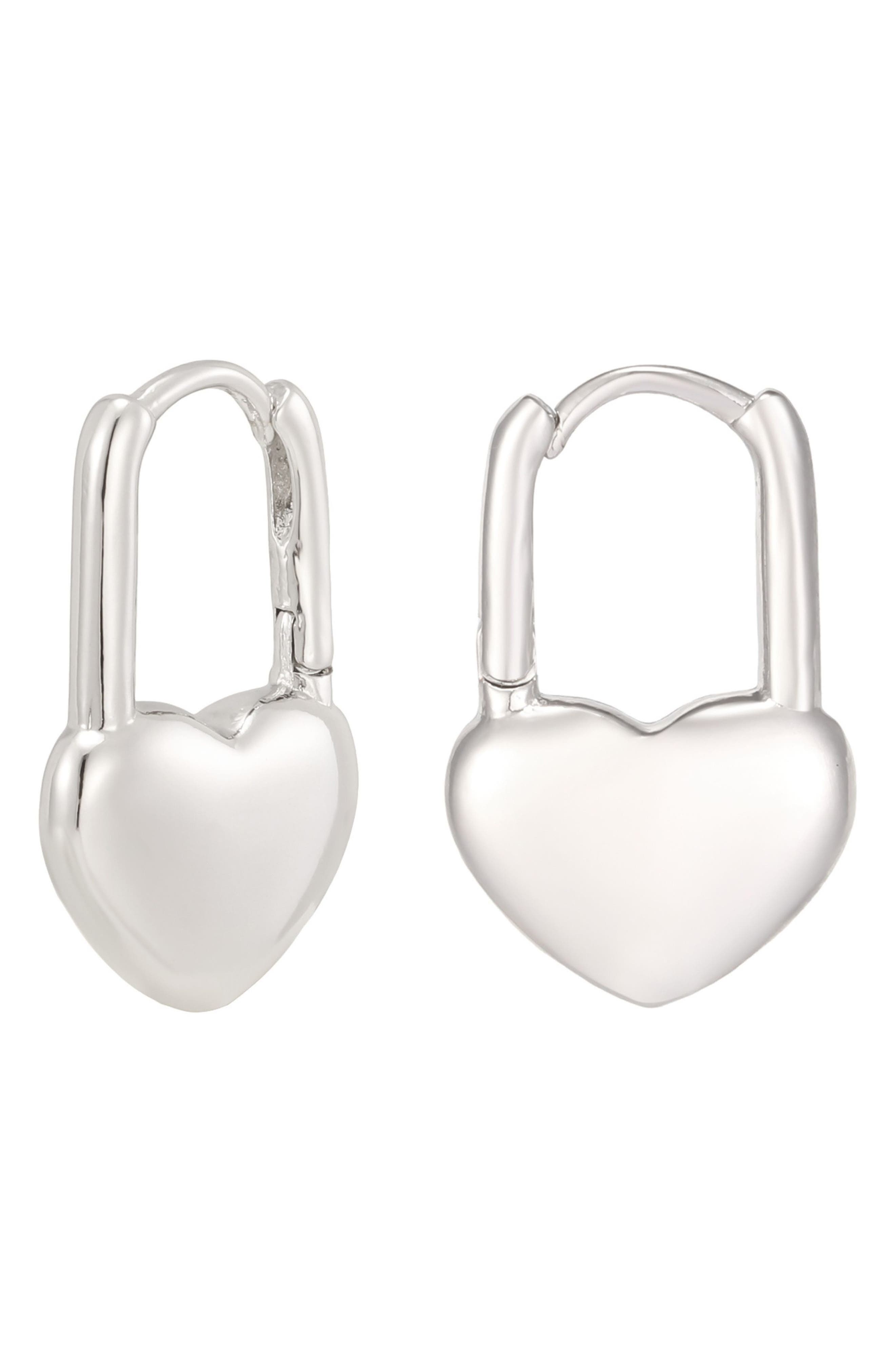 Silver Drop Heart Huggie Earrings