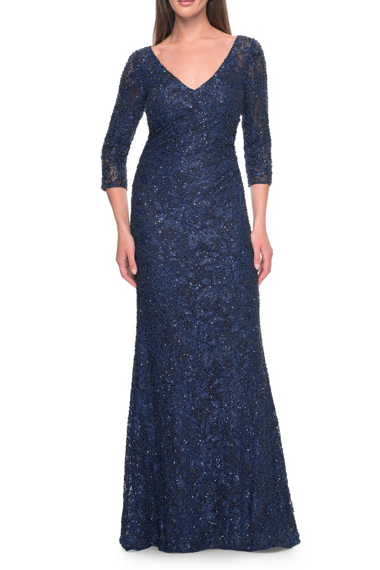 Fitted Beaded Lace Evening Gown with Ruching, Main, color, Navy