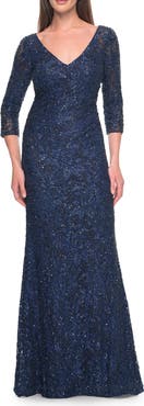 La Femme Fitted Beaded Lace Evening Gown with Ruching