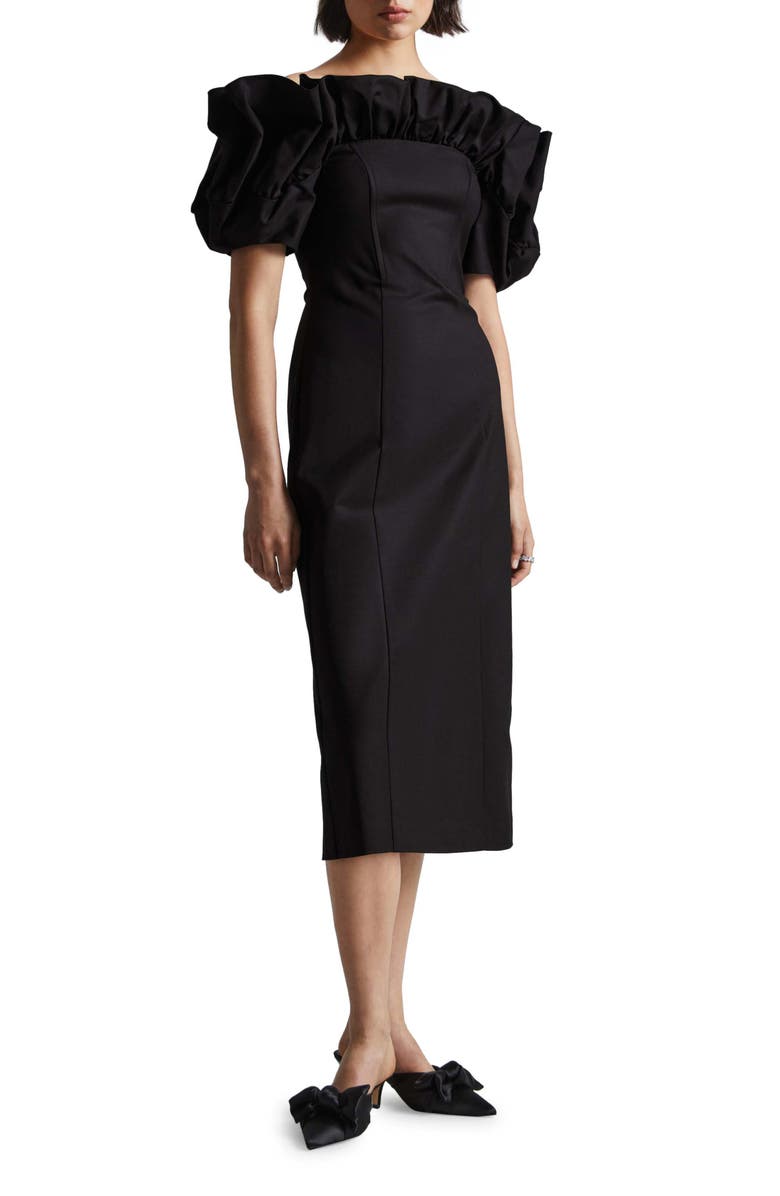 & Other Stories Ruffle Off the Shoulder Midi Dress, Main, color, Black