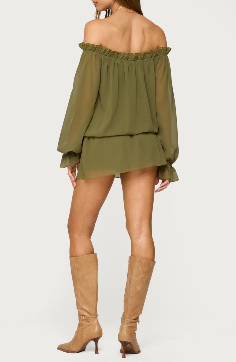 EDIKTED Delphine Off the Shoulder Long Sleeve Chiffon Romper, Alternate, color, Olive