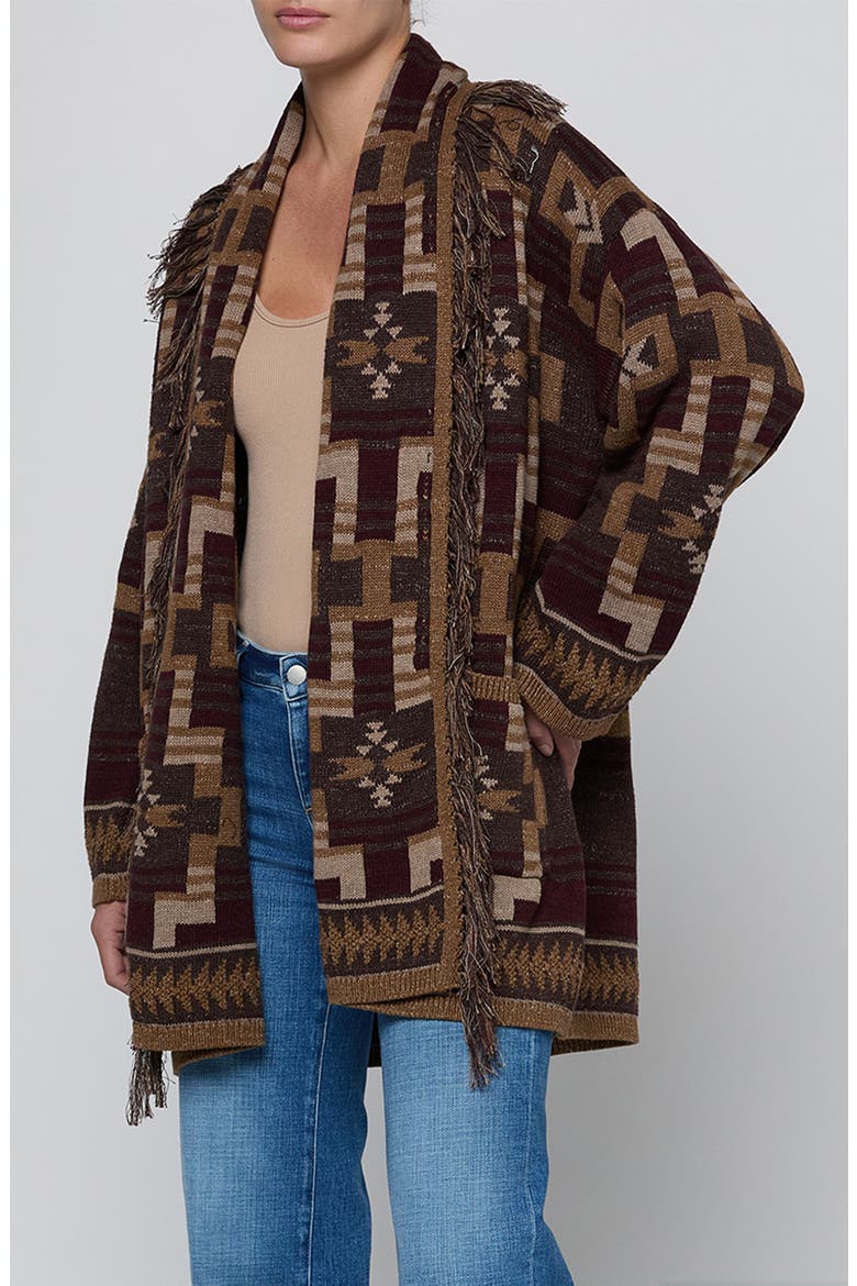 Jair Geo Pattern Fringe Cardigan, Alternate, color, DK JAVA/ BURGUNDY MULTI
