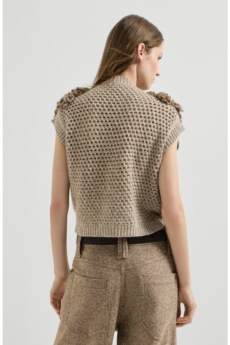 Handmade Dazzling blossom OPERA knit vest in soft virgin wool and cashmere, Alternate, color, Light Brown