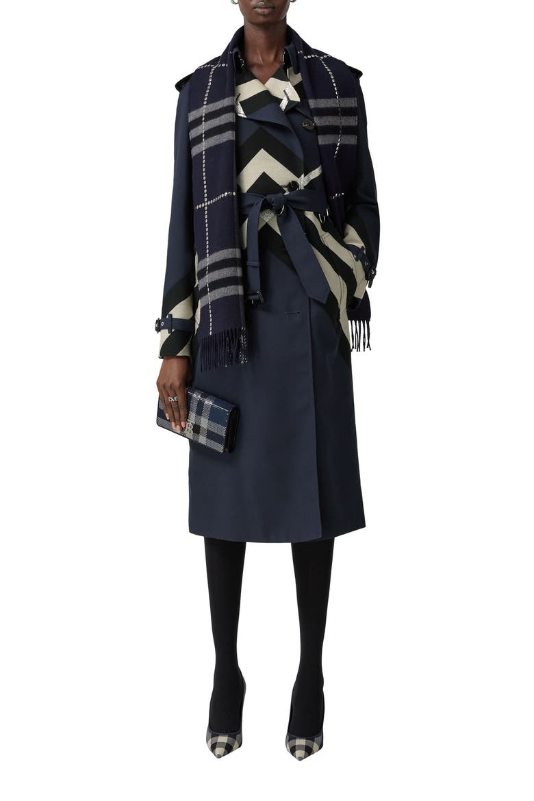 Giant Check Stud Embellished Cashmere Fringe Scarf, Alternate, color, DARK CHARCOAL BLUE