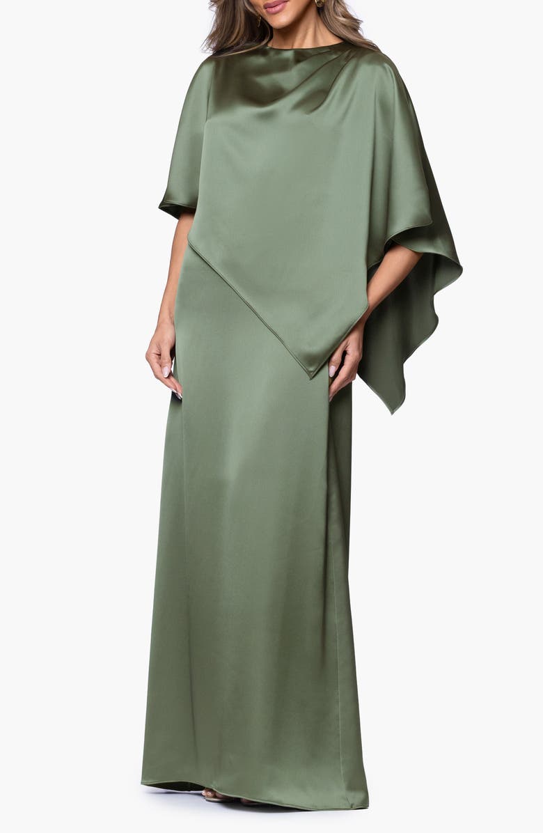 Xscape Evenings Overlay Detail Satin Gown, Alternate, color, Olive