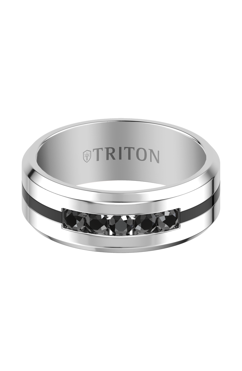 Triton 8MM Tungsten Carbide Ring with Channel Set Black Sapphires and Black Tungsten Line with Step Edge, Alternate, color, 