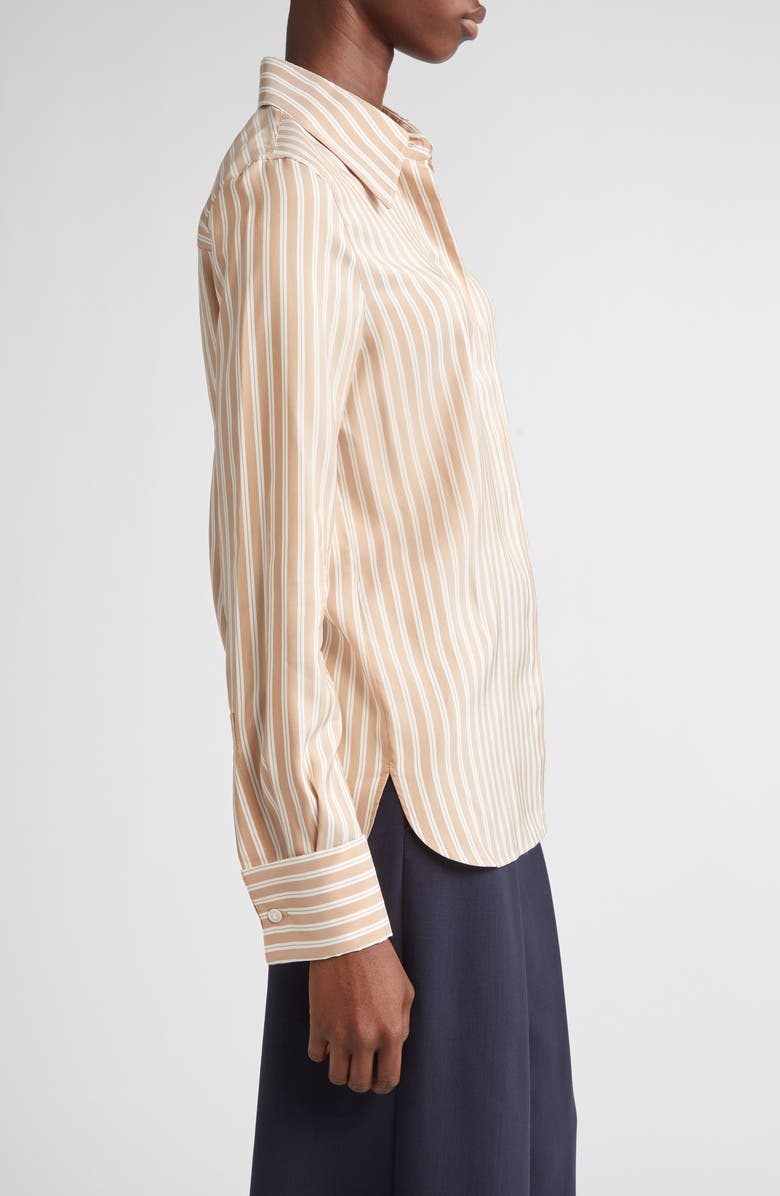 Lafayette 148 New York Stripe French Cuff Silk Button-Up Shirt, Alternate, color, Camel Multi
