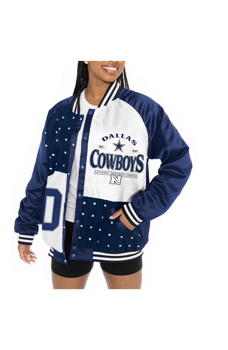 GAMEDAY COUTURE Women's Gameday Couture Navy/White Dallas Cowboys Oversized Hot Shot Rhinestone Throwback Full-Snap Varsity Bomber Jacket, Alternate, color,