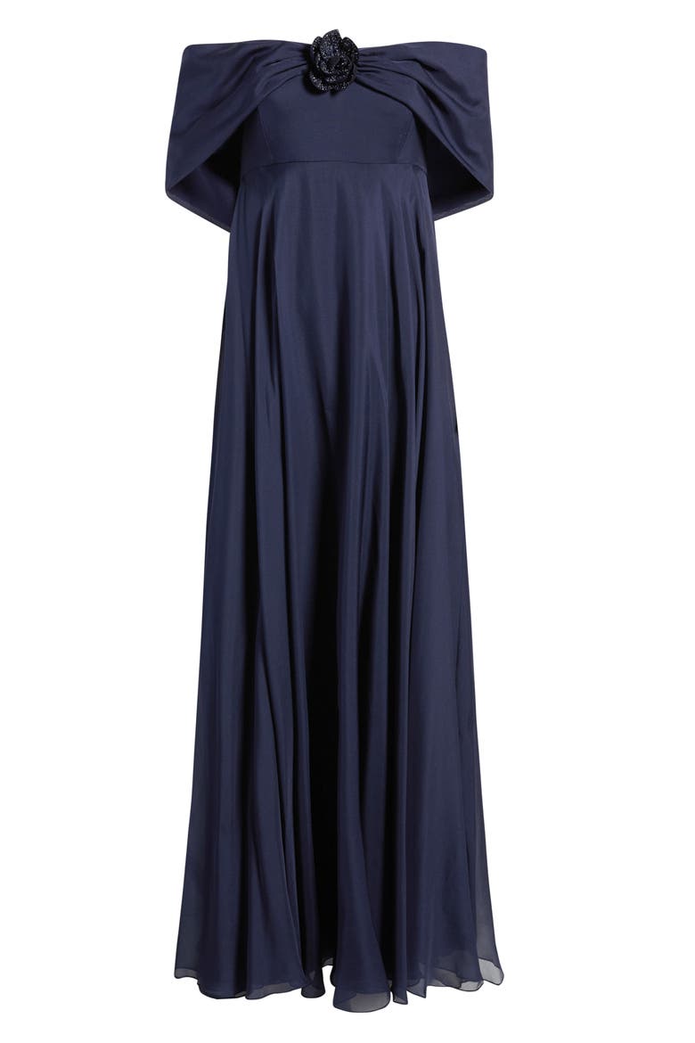 Rebecca Rosette Detail Off the Shoulder Silk Chiffon Gown, Alternate, color, MIDNIGHT