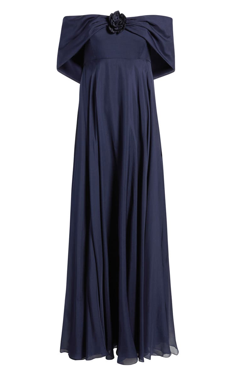 Sachin & Babi Rebecca Rosette Detail Off the Shoulder Silk Chiffon Gown, Main, color, Midnight