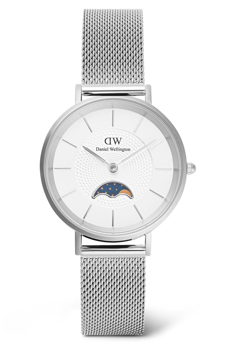 Petite Moonphase Mesh Strap Watch, 32mm, Main, color, SILVER