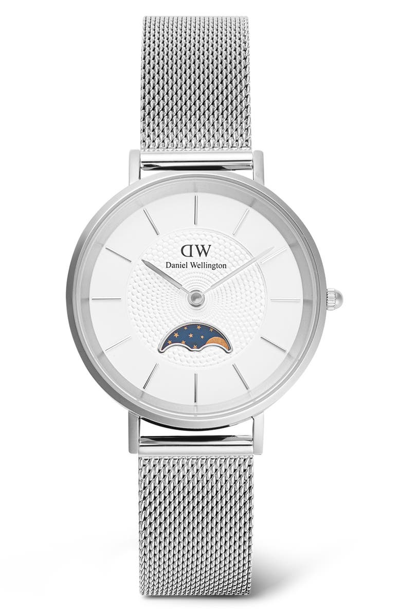Daniel Wellington Petite Moonphase Mesh Strap Watch, 32mm, Main, color, Silver
