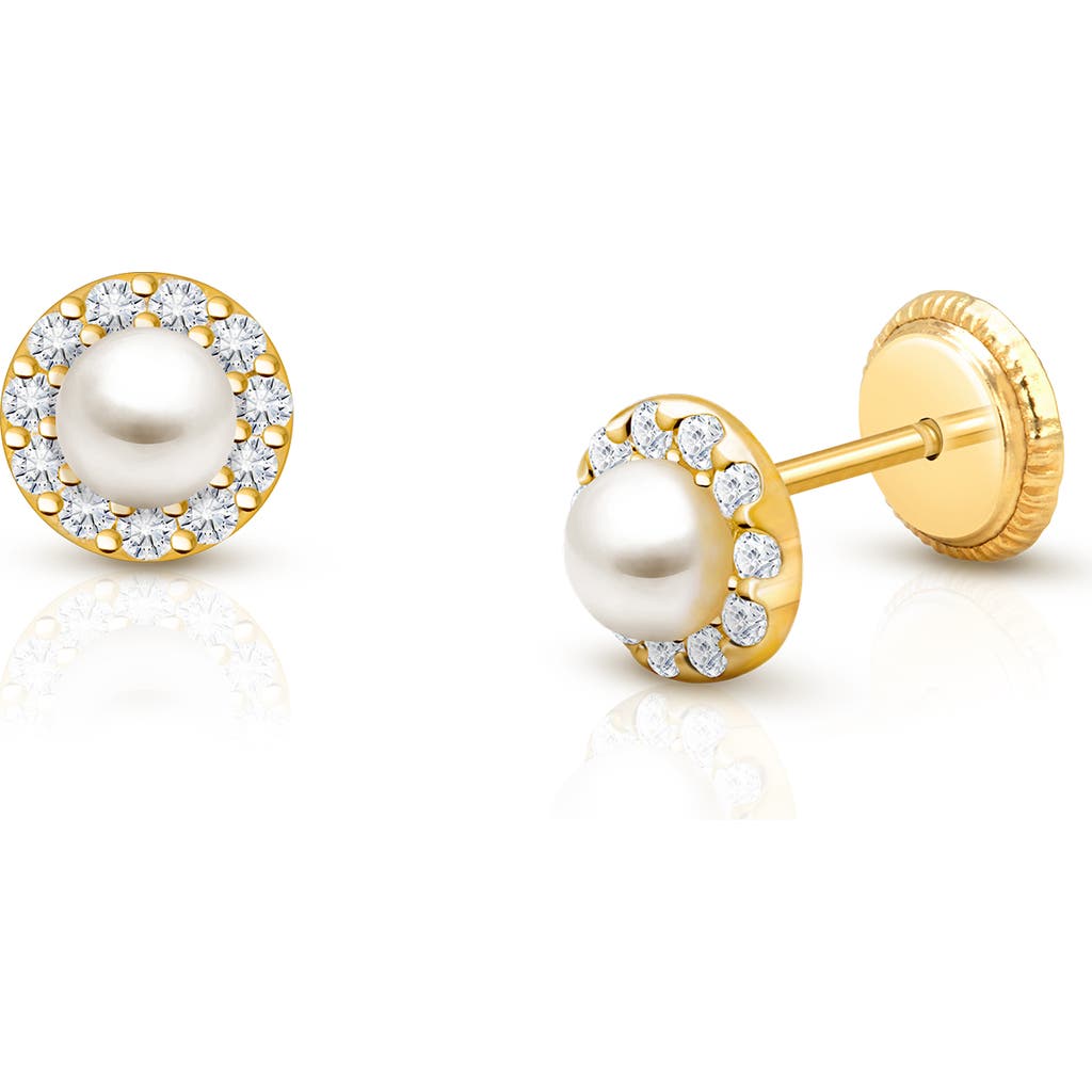Tiny Blessings 14k Gold Pearl Halo Studs Screw Back Earrings In Gold