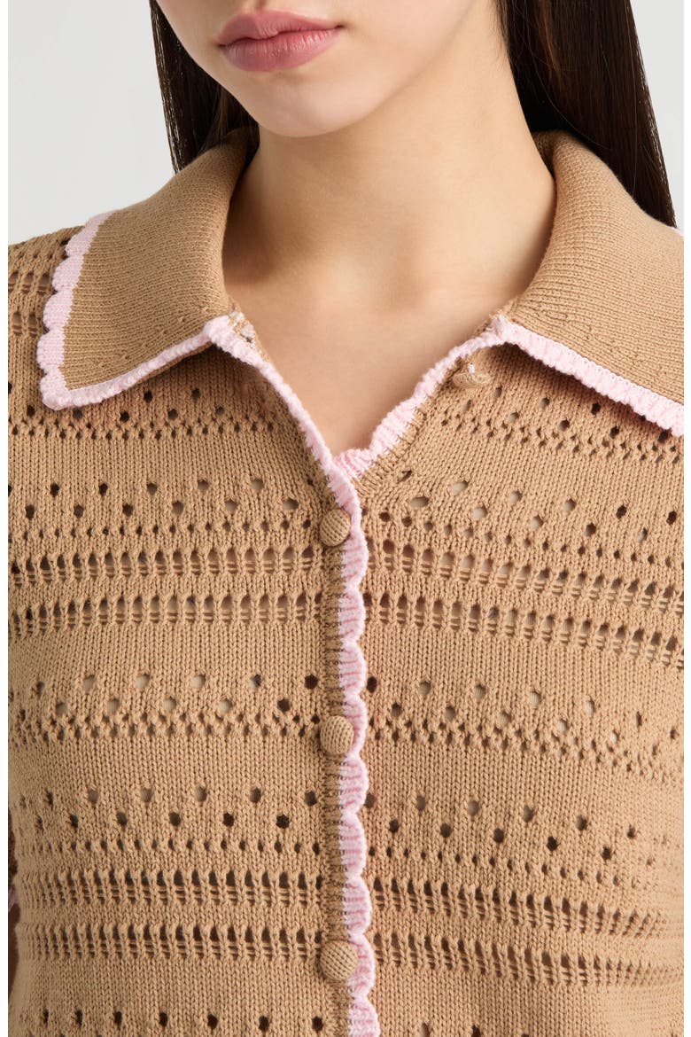 Scalloped Short Sleeve Crochet Cardigan, Alternate, color, CAMEL