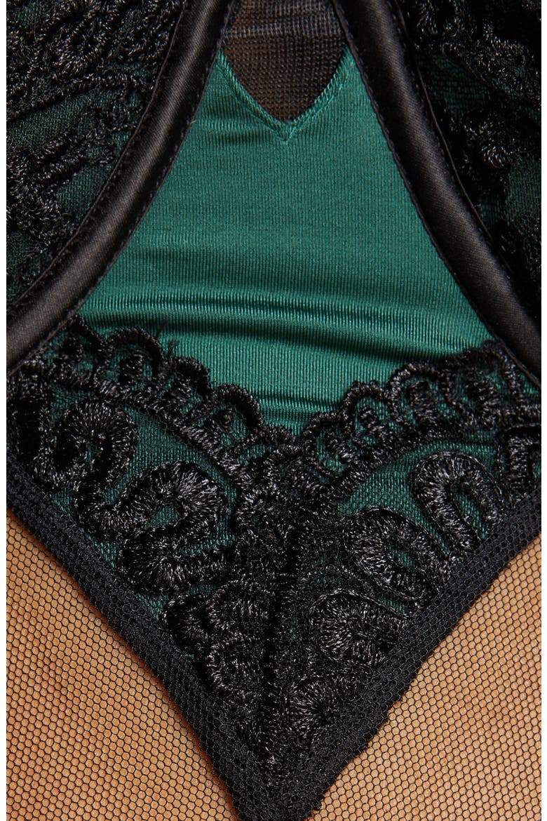 Paulette Lace Trim Satin Thong Bodysuit, Alternate, color, DARK GREEN/ BLACK