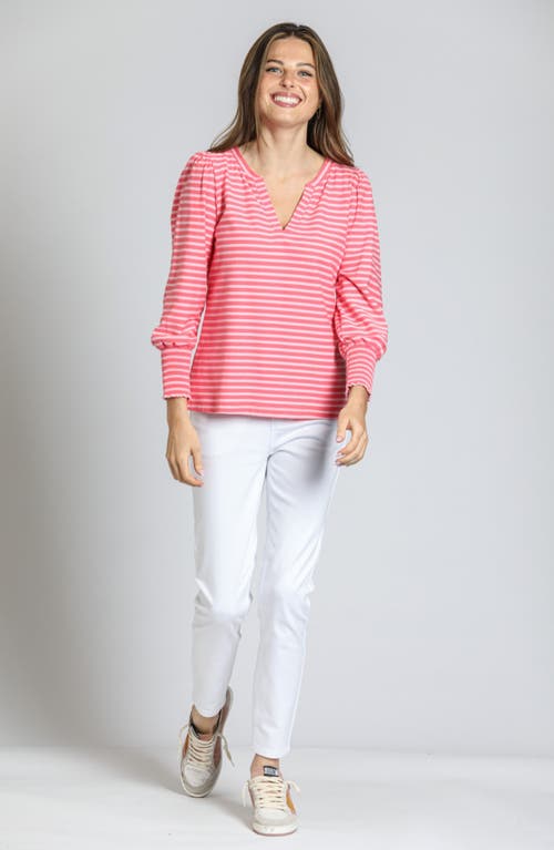 Apny Stripe Puff Shoulder Top In Pink