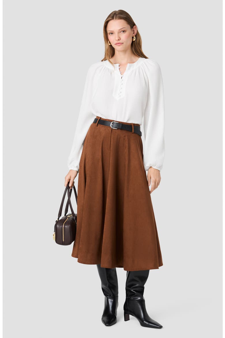 Sonja Faux Suede Flare Midi Skirt, Alternate, color, COGNAC CLAY