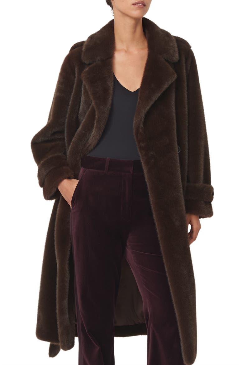 Cate Belted Faux Fur Coat, Alternate, color, CHOCOLATE BROWN