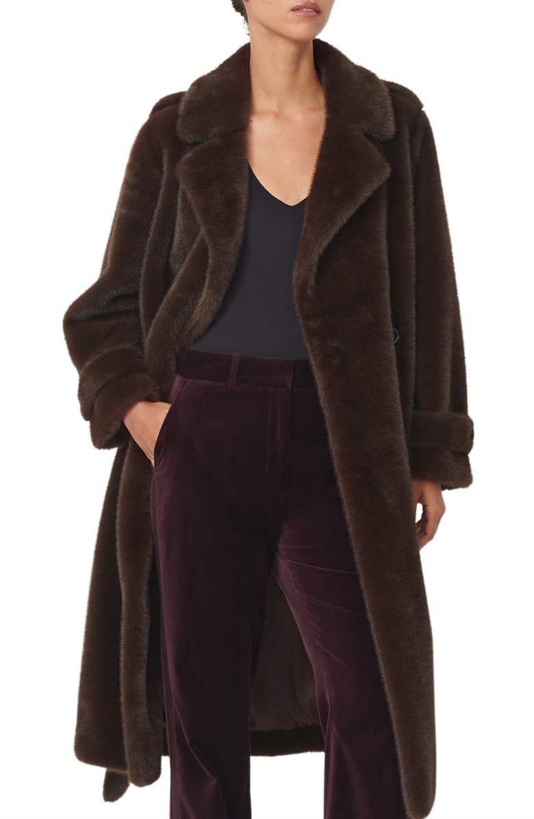Reiss Cate Belted Faux Fur Coat, Alternate, color, Chocolate Brown
