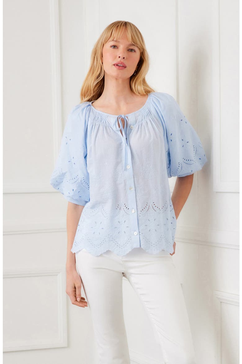 Eyelet Embroidered Cotton Button-Up Top, Alternate, color, BLUE