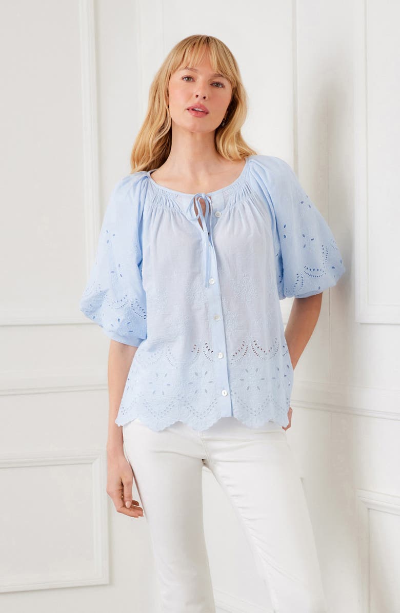 Karen Kane Eyelet Embroidered Cotton Button-Up Top, Alternate, color, Blue