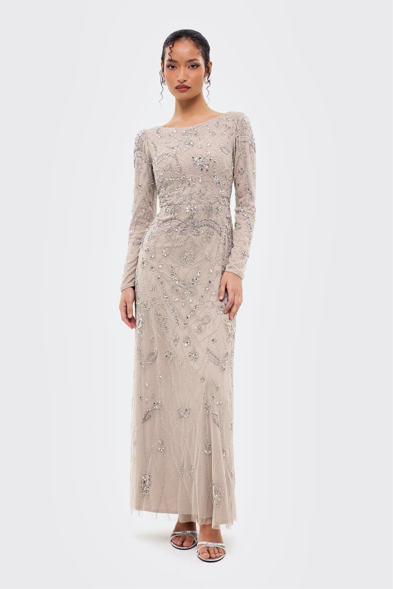 Modest Floral Embellished Sequins Maxi Dress, Main, color, GREY