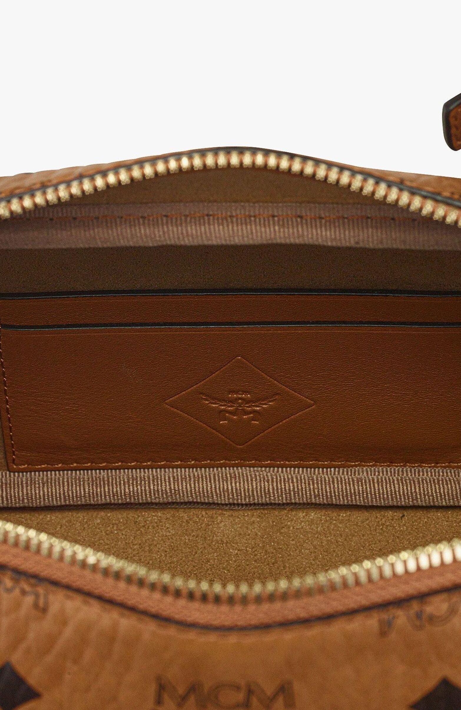 MCM Small Aren East West Shoulder Bag in Visetos, Alternate, color, Cognac