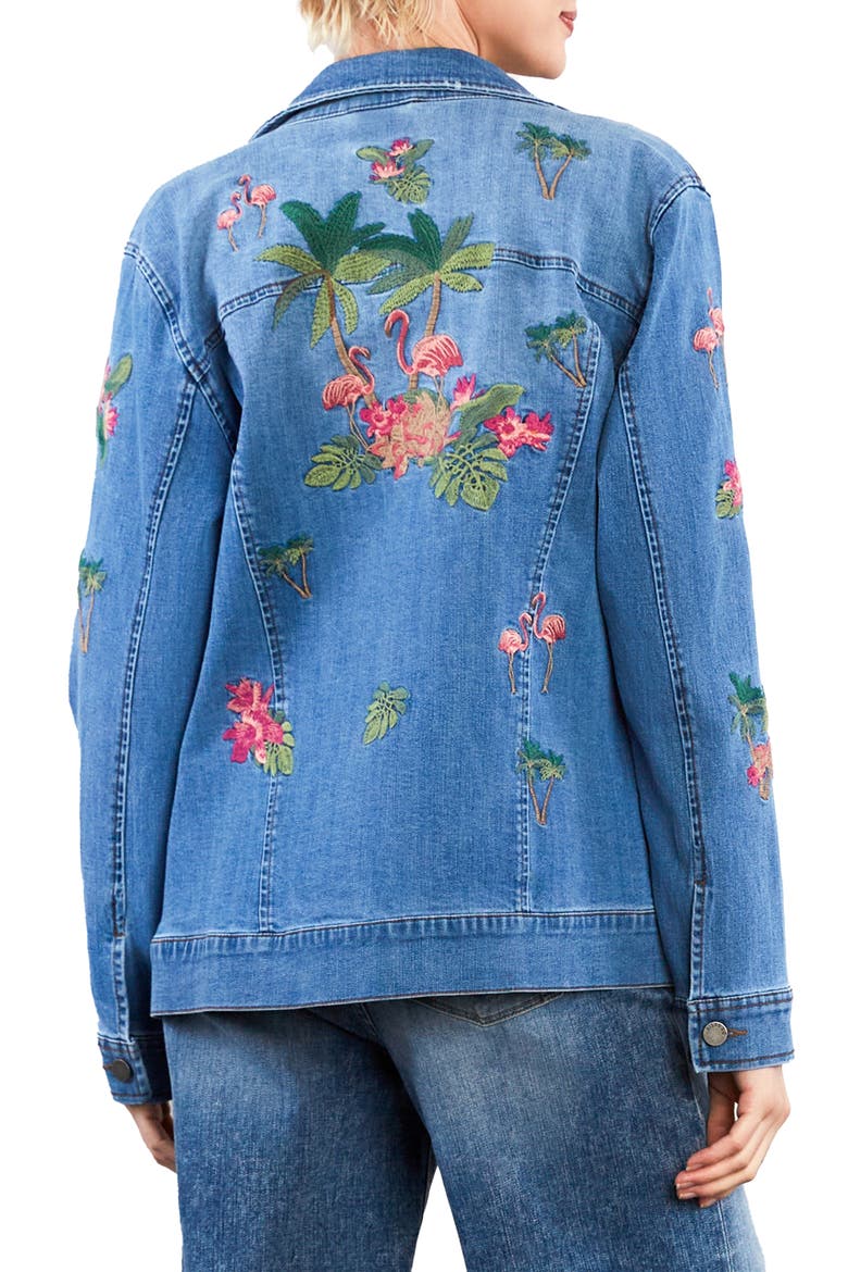 Flamingo Embroidery Denim Trucker Jacket, Alternate, color, DENIM