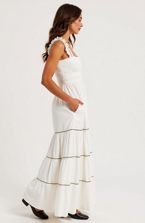 Modenaire Smocked Bodice Tiered Maxi Dress With Ruffle Straps And Trim Details In White