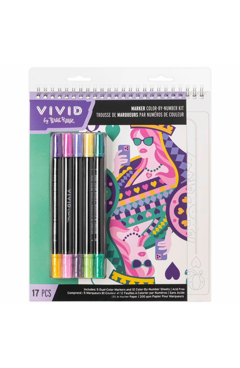 Brea Reese Vivid Marker Color By Number Kit, Queen of Hearts, 5 Markers, Main, color, Multicolored