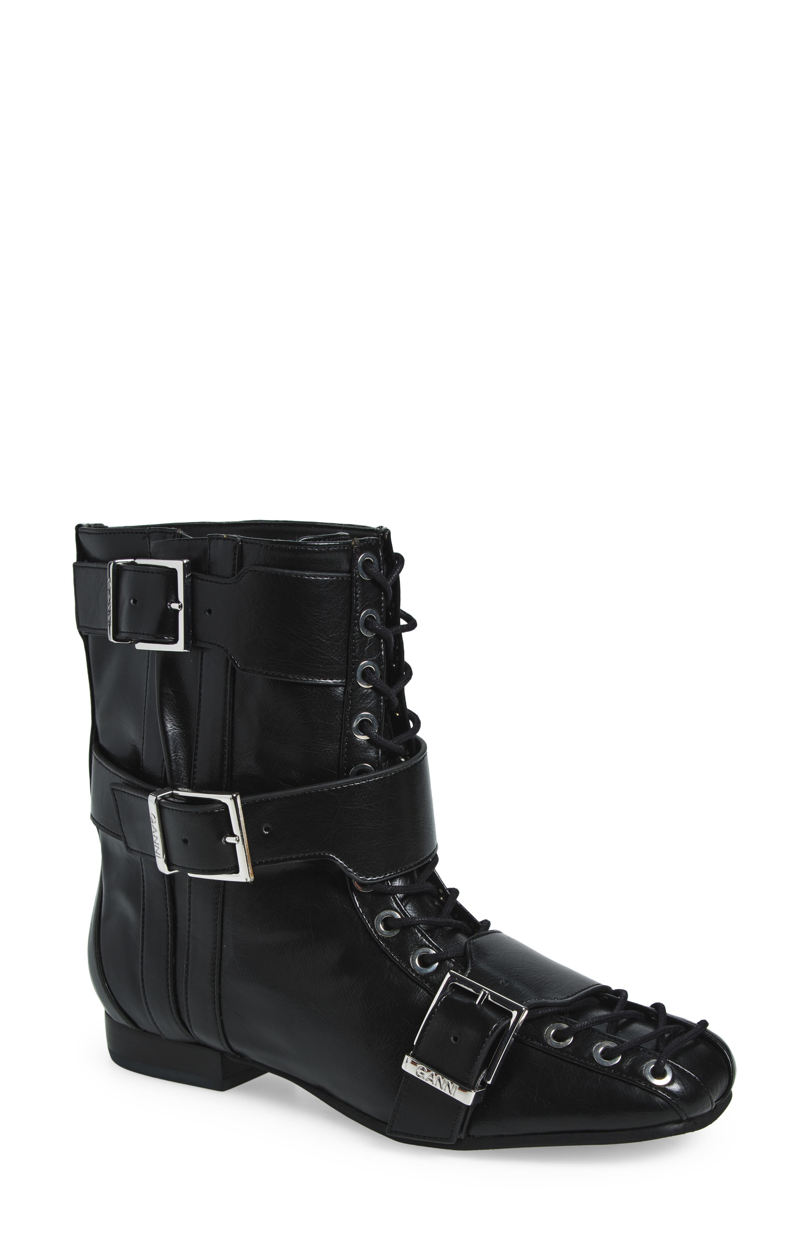 Ganni Lace-Up Boot, Main, color, Black