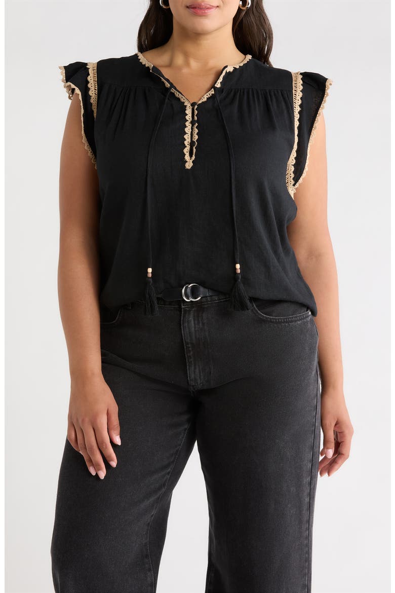 Crochet Trim Linen Blend Top, Main, color, BLACK