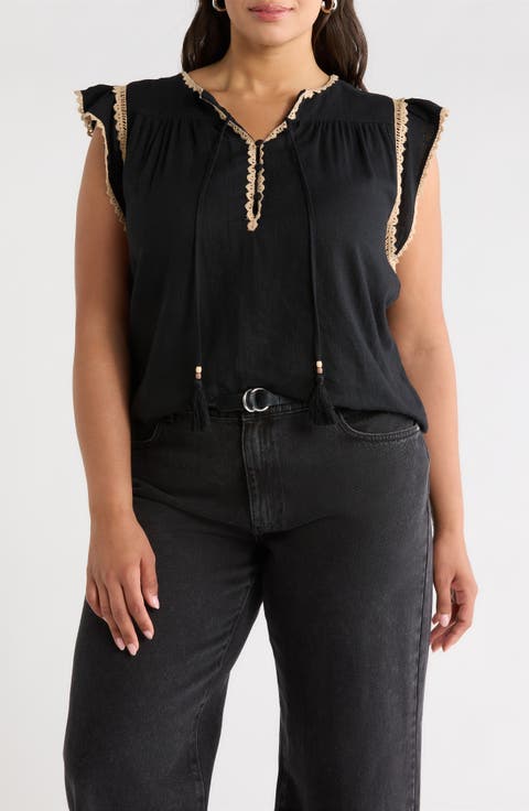Crochet Trim Linen Blend Top (Plus)