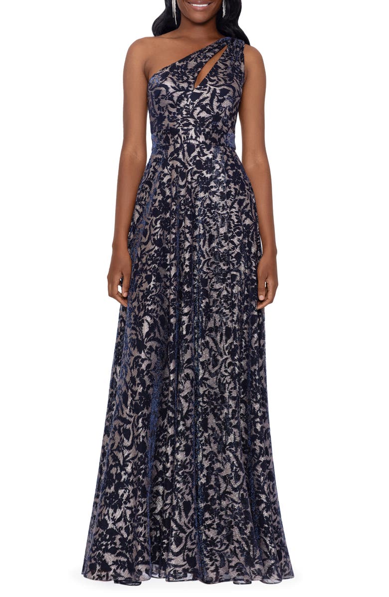 Betsy & Adam One-Shoulder Metallic Floral Print Cutout Gown, Main, color, 