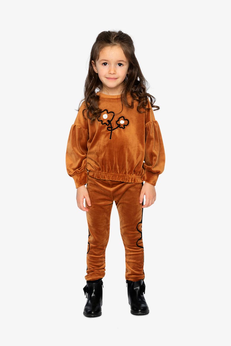 Velvet Shimmer Flower Appliqué Elastic Hem Top, Alternate, color, Brown