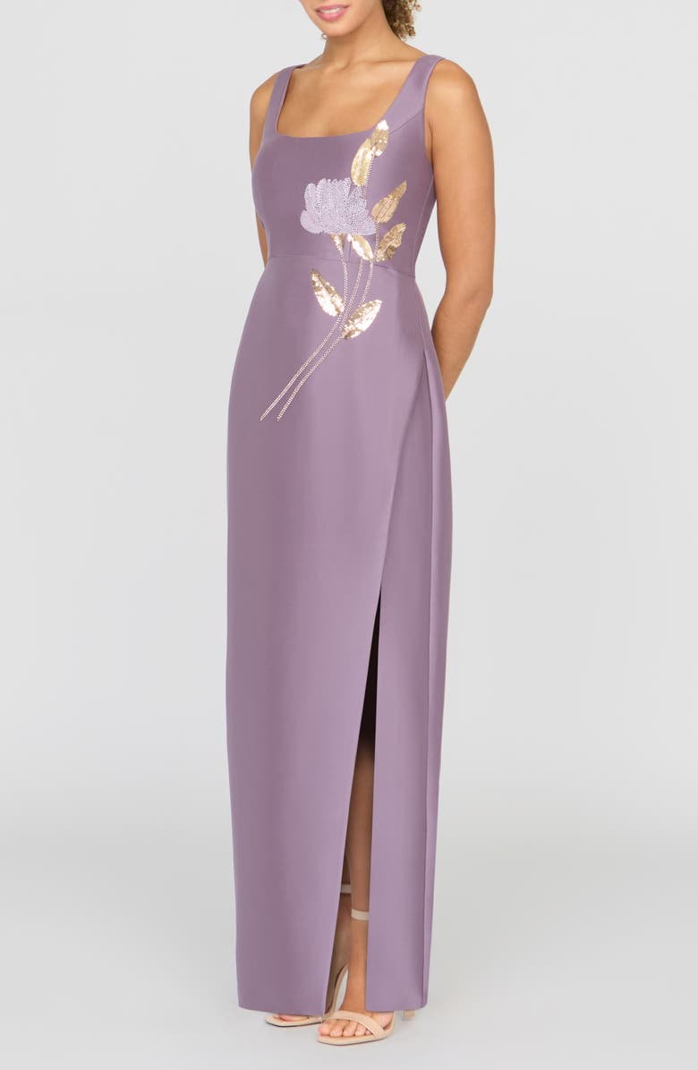 Kay Unger Paloma Beaded Placed Floral Sheath Gown, Alternate, color, Heather