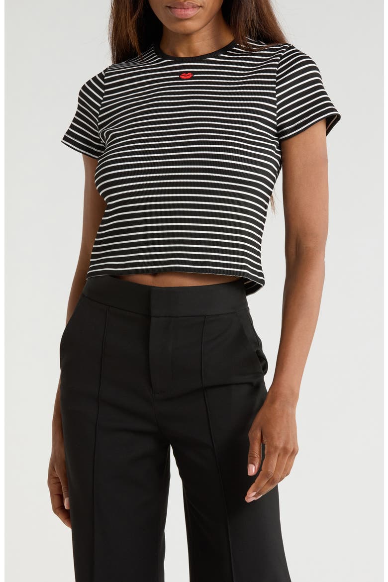 Cindy Embroidered Crop T-Shirt, Main, color, BLACK/ OFF WHITE STRIPE