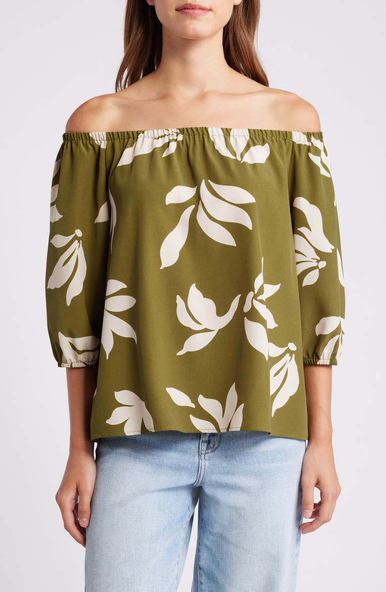 Loveappella Floral Print Off the Shoulder Top, Main, color, Olive Natural