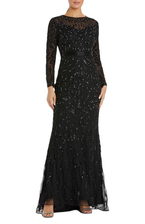 Abstract Beaded Long Sleeve Evening Gown