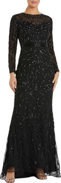 Mac Duggal Abstract Beaded Long Sleeve Evening Gown