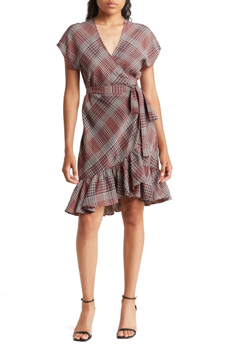 WISHLIST Short Sleeve Wrap Around Plaid Dress, Main, color, 