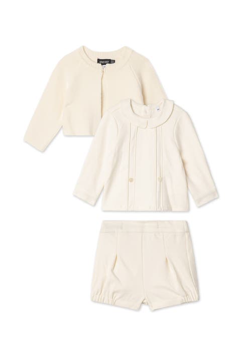3 Piece Set, Collared Long Sleeve Shirt, Shorts and Knit Cardigan (Baby)