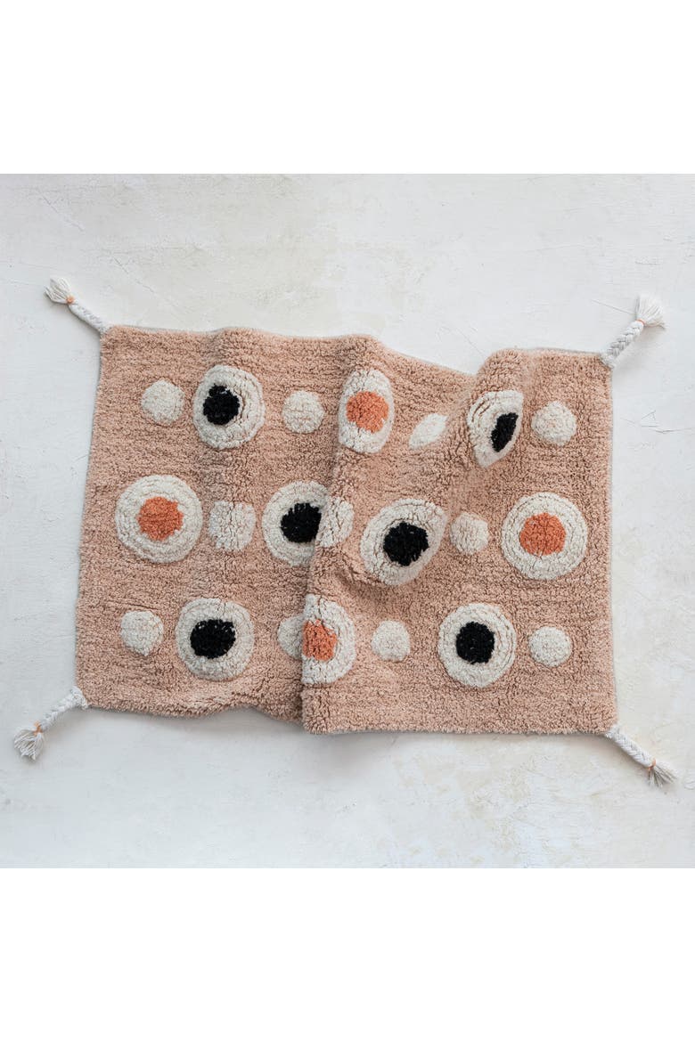 Boho Cotton Tufted Bath Mat with Circle Pattern and Tassels, Alternate, color, Pink
