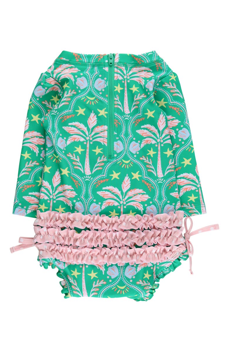 RuffleButts Kids' Coconut Cabana Ruffle Long Sleeve UPF 50+ One-Piece Rashguard Swimsuit, Alternate, color, Green