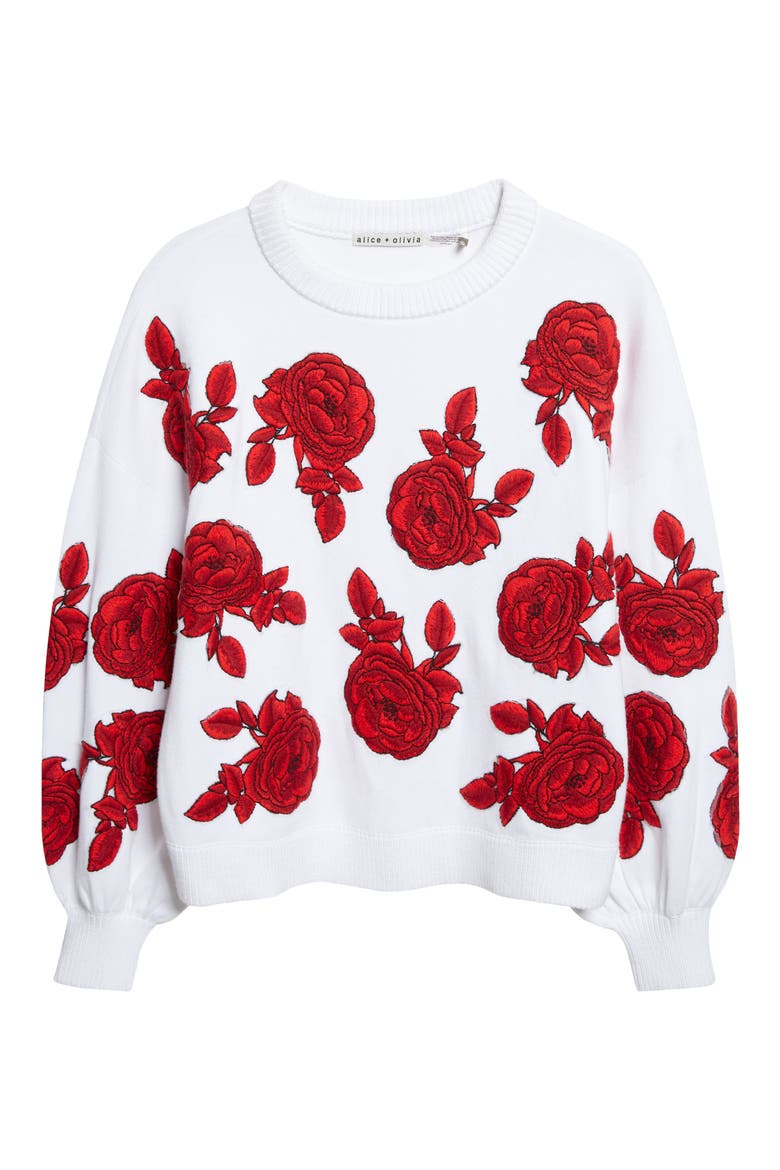 Carwen Embroidered Balloon Sleeve Sweater, Alternate, color, SOFT WHITE/ BRIGHT POPPY