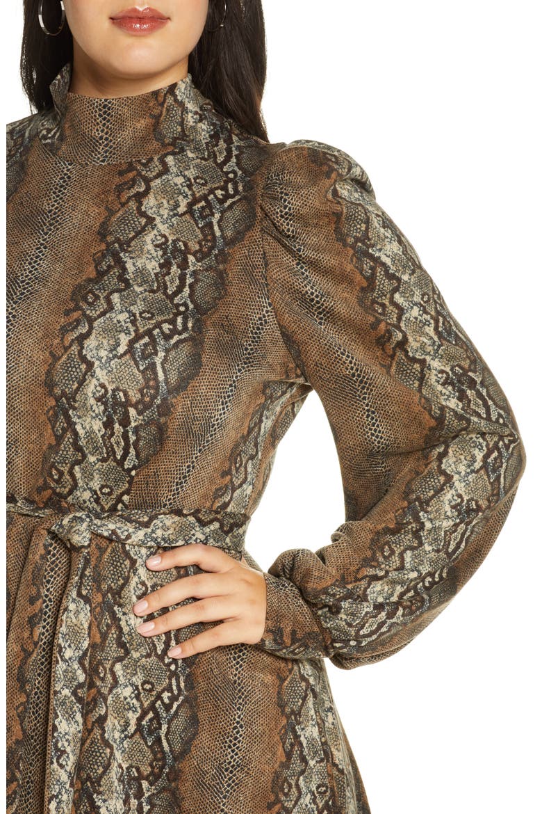 Mock Neck Long Sleeve Minidress, Alternate, color, TAN TAUPE SNAKESKIN