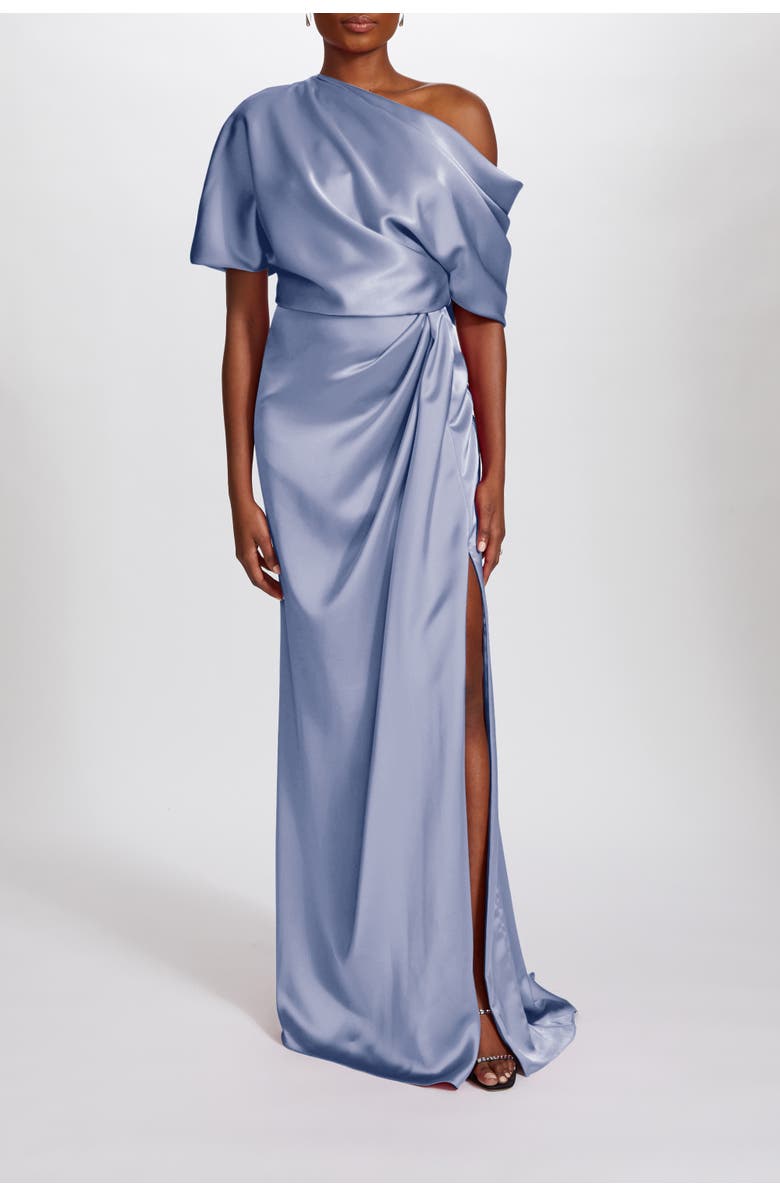 Amsale Fluid Satin Off-the-Shoulder Gown, Main, color, Slate