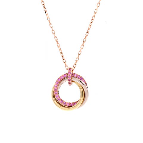 Trinity Pendant Necklace 18K Tricolor Gold with Pave Pink Sapphires Medium