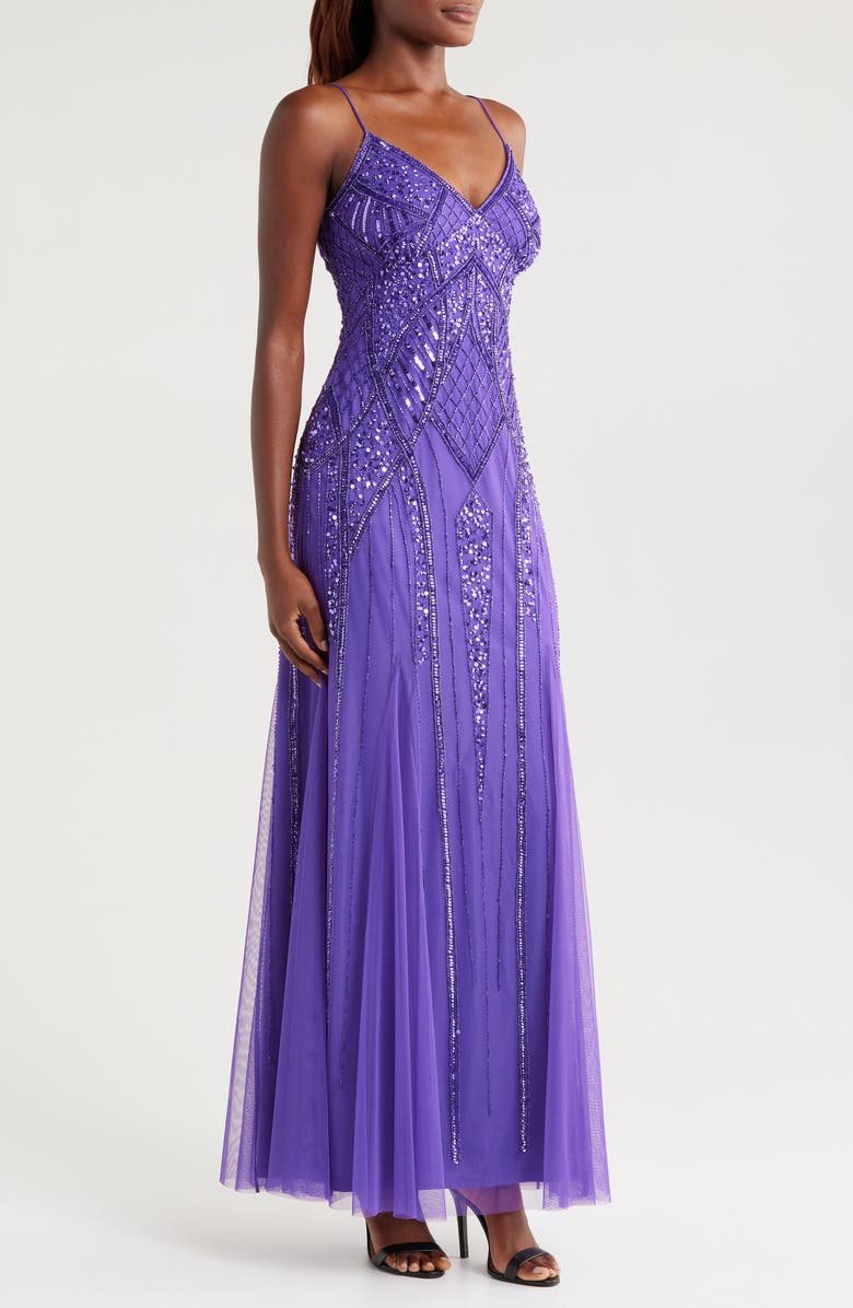 bebe Embellished V-Neck Gown, Alternate, color, Purple